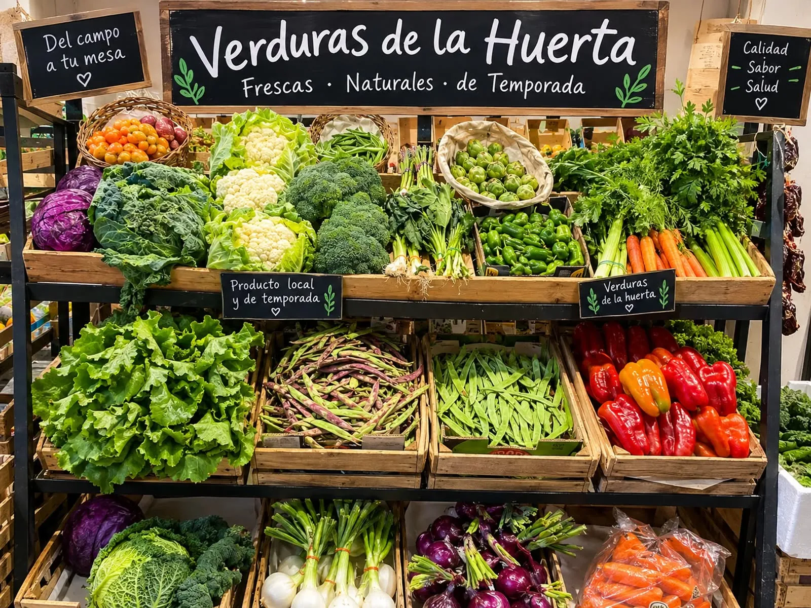 Expositor de verduras frescas de la huerta: coliflor, brócoli, lechugas, judías y pimientos