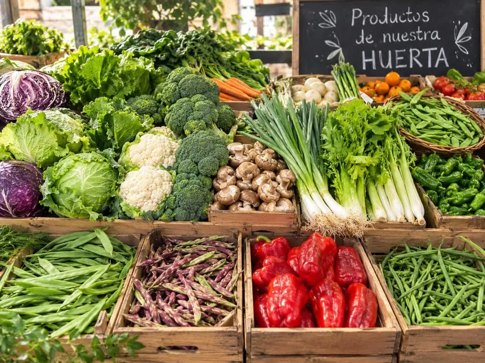 Expositor de verduras con brócoli, coliflor, pimientos, zanahorias y judías